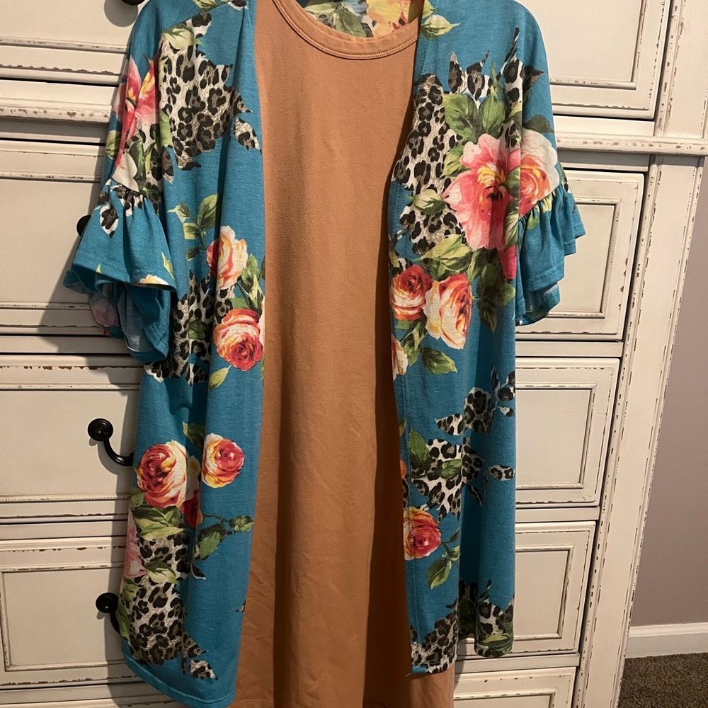 Target Blue Floral Kimono with Tan Dress